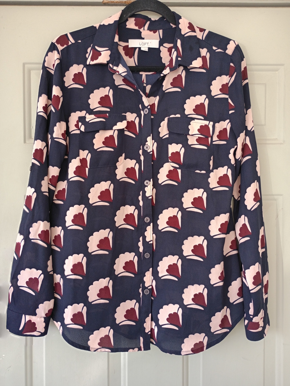 LOFT Navy Button-Up Blouse with Pink and Burgundy Floral Print Size Small